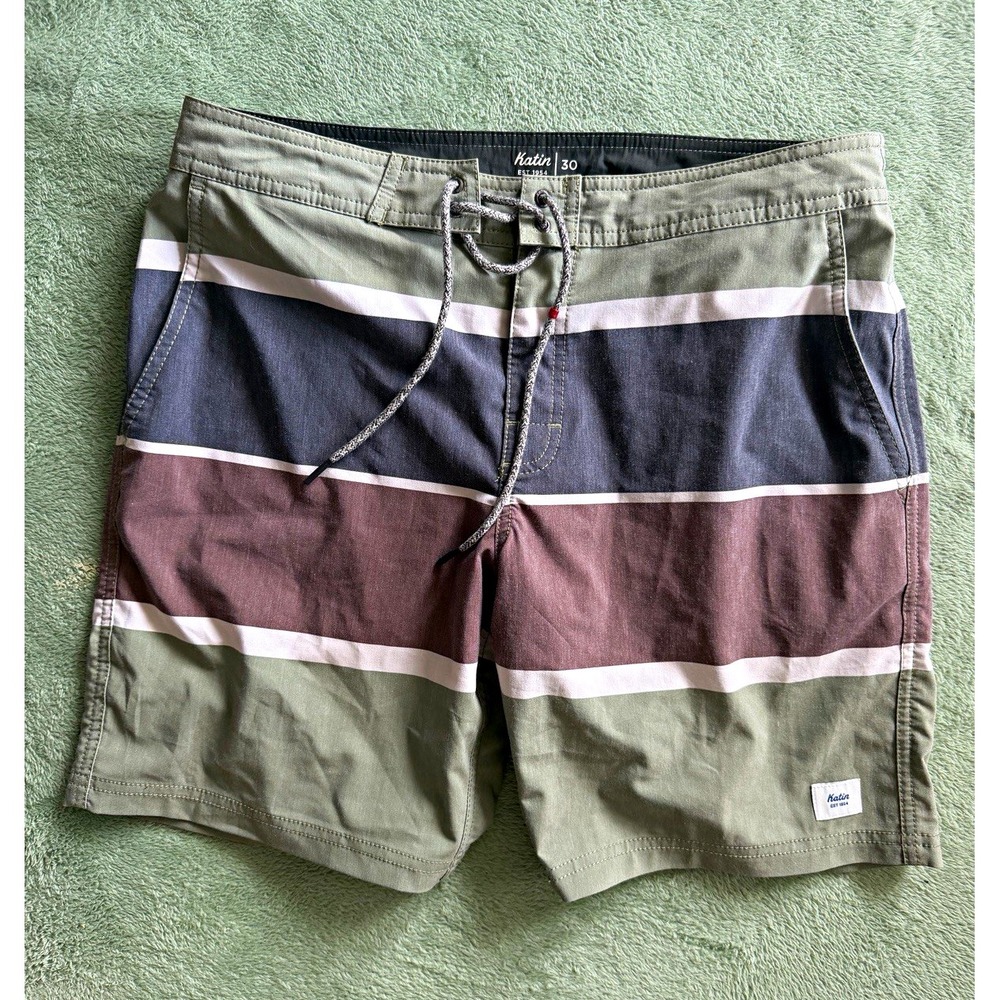 Katin Men’s Board Shorts Size 30 Striped Green Gray White Drawstring Pockets